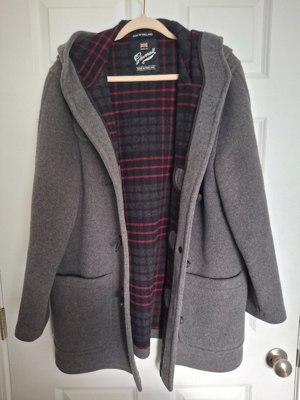 GLOVERALL Wool Duffle Coat Made in ENGLAND Gray Navy Plaid Unlined Hood XL 16
